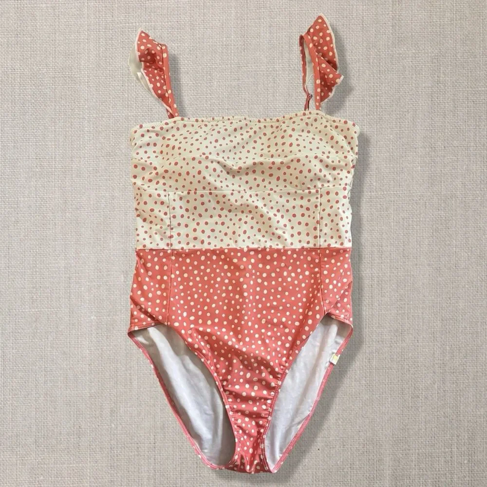 Summersalt The Ruffle Oasis One Piece Swimsuit Coral Cream Polka Dot Size 10